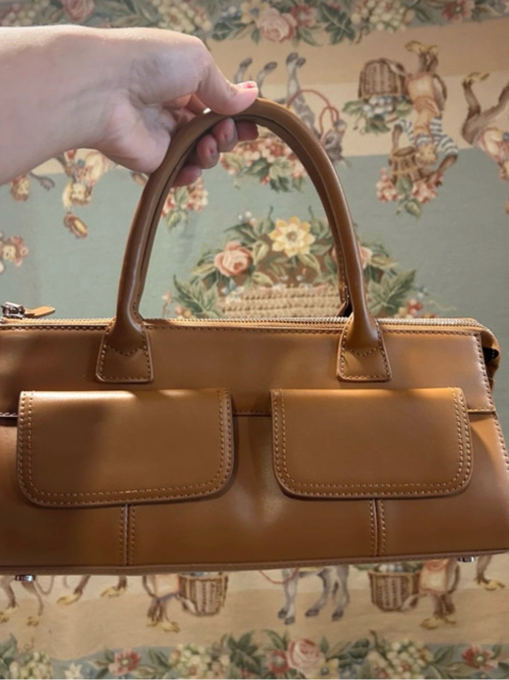 Classic Tan Leather Double-Pocket Handbag